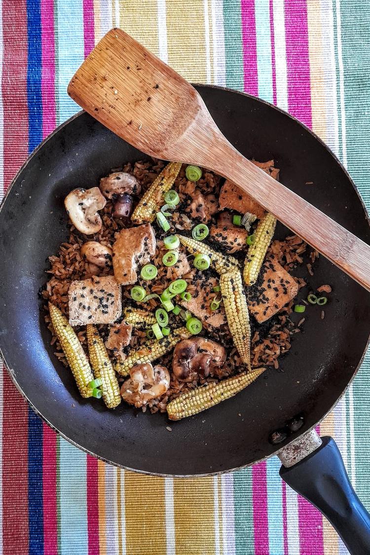 Tofu Stir Fry with Corn, Onions, Rice, and Black Sesame Seeds - Stir Fry Recipe