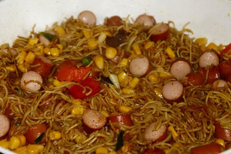 Sausage Stir Fry with Noodles, Corn and Onion Recipe