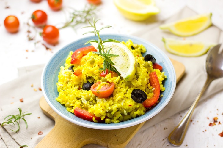 Stirfry Recipe - Paella Stir-Fry with Saffron Rice, Peas, Tomatoes and Rosemary