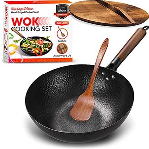 Gold Dragon Heritage Edition Carbon Steel Wok Pan With Lid